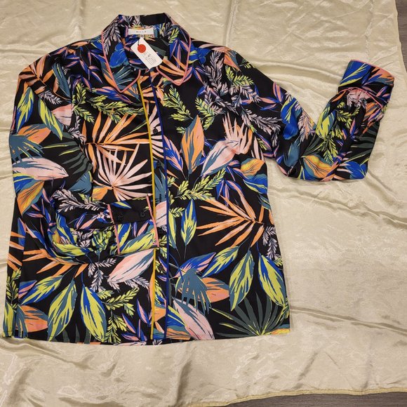 Long Sleeve Tropical Floral Office Button Down Blouse Large - Picture 4 of 7